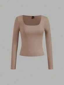 SHEIN EZwear Set de 3 camisetas de mujer de cuello cuadrado de unicolor y talla grande, negro, blanco, caqui, versátiles, adecuadas para primavera y otoño