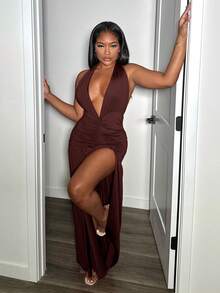 Alexandranx Elegant Romantic Sexy Party Deep V-Neck Halter High Slit A-Line Dress - W,Summer Dresses For Women - Brown - View 4