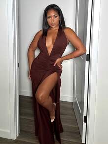 Alexandranx Elegant Romantic Sexy Party Deep V-Neck Halter High Slit A-Line Dress - W,Summer Dresses For Women - Brown - View 6