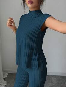 SHEIN PETITE 2pcs Women Casual Elegant Ribbed Short Sleeve Top And Pants Set - Royal Blue - View 4