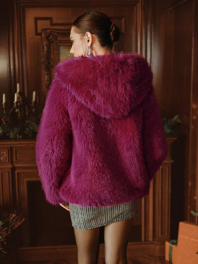 バーガンディ PU スプライシング フォックスファー ショート フード付き フェイクファー コート レディース、秋冬