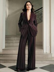 Anewsta 都市时尚派对水钻装饰条纹翻领长袖女士西装外套 + 高腰垂褶条纹水钻装饰女士西装裤，女士套装 - 紫色 - 查看 3