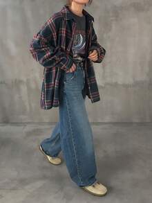 FRIFUL 女士格子落肩长袖单排扣休闲宽松衬衫 - 藏蓝色 - 查看 2