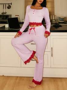 Lowkey Lull Bộ đồ ngủ tay dài phối ren nơ xếp nếp màu tương phản Y2K ngày lễ tình nhân trẻ trung, giản dị, dành cho nữ, quần áo mùa thu đông - Hồng - Xem 4