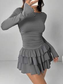 SHEIN EZwear 女式休闲纯色荷叶边下摆连衣裙，秋季 - 深灰色 - 查看 5