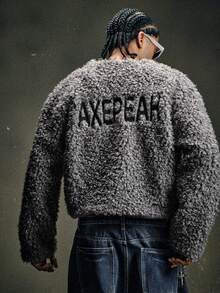 AXEPEAK 男士长袖休闲通勤字母刺绣仿皮草外套，秋冬款 - 灰色 - 查看 2