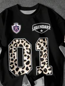 Attitoon 女士 Y2K 街头风圆领针织 T 恤 – No.01 豹纹字母印花复古西部风节日可爱软妹干净女孩 Genz 返校夏季骑行瑜伽运动休闲家居春夏穿搭 - 黑色 - 查看 6