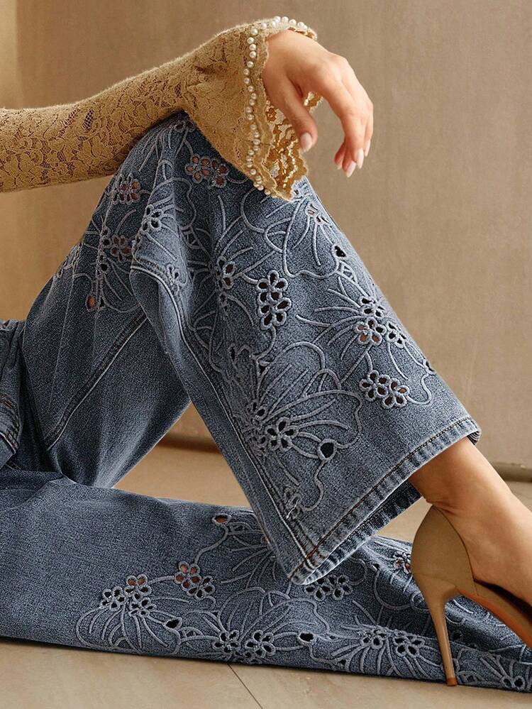 Women's Elegant Embroidered Hollow-Out Loose Straight-Leg Blue Denim Pants, Spring/Summer