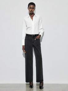 Maija Quần jeans ống rộng dáng rộng có túi thời trang thu đông dành cho nữ, quần ống rộng đi làm thường ngày, màu đen - màu đen - Xem 6