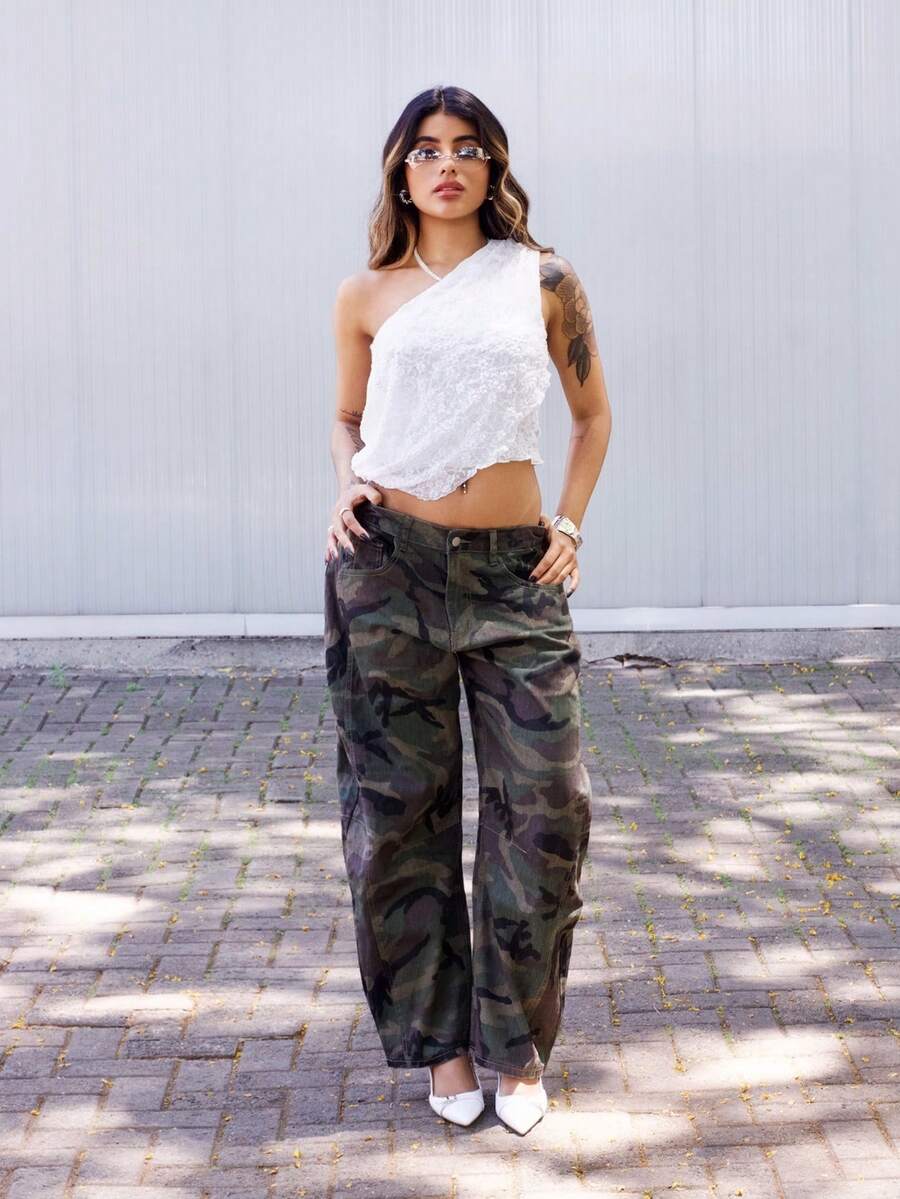 Rayane Ketlyn 女式休闲水洗迷彩喇叭牛仔裤 - 軍綠色 - 查看 1