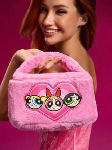 THE POWERPUFF GIRLS X SHEIN 1個可愛毛絨圖案大容量圓筒化妝包，手提式，超大空間，可收納化妝品瓶與日常用品，適合女性與青少年，花朵、泡泡、毛茛花、友誼，送禮首選 - 粉色 - 查看 5