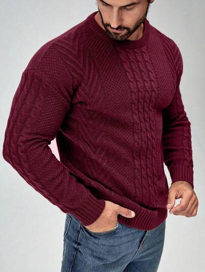 Manfinity Mode Men's Casual Solid Color Knit Sweater, Autumn/Winter Cable Knit Sweater Men, Long Sleeve Top