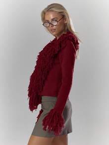 MUSERA Knit Shaggy Trim Fitted Cardigan Sweater Cosy Fluffy Cute Casual Coffee Club Winter Spring Valentines Day - Burgundy - View 4