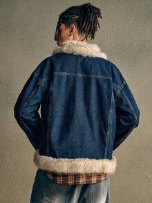 AXEPEAK Men's Washed Jacket, Fluffy Patchwork, Fashion Lapel Collar Bomber - Blue - View 2