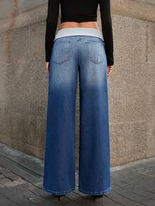 Selenza Jeans de pierna ancha con cintura contrastante para mujer, ideal para el transporte - Azul - Ver 2