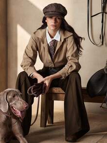 Zovinel Pantalones acampanados de cintura alta con doble botón y pliegues, elegantes y apropiados para uso diario, intelectual y urbano, adecuados para ocasiones de negocios, casuales y formales - Marrón - Ver 2