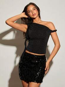 Enchnt Fall/Winter Romantic Women's Asymmetrical Neck Black Sparkle Rhinestone 3D ROSE Decor Sleeveless Tank Top, Sexy&Chic&Elegant&Fashionable For Party&Date&Holiday&Graduation&Going Out&Halloween&Christmas,Autumn,New Years Women - Black - View 3