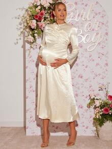 Loomaby Vestido elegante de maternidad de unicolor, cuello redondo, manga larga y plisado - Amarillo - Ver 6