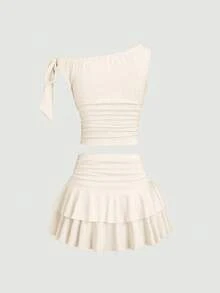 SHEIN Unity Bộ áo hai dây họa tiết hoa ánh đồng và chân váy mini xếp ly mùa hè dành cho nữ - Màu be - Xem 4