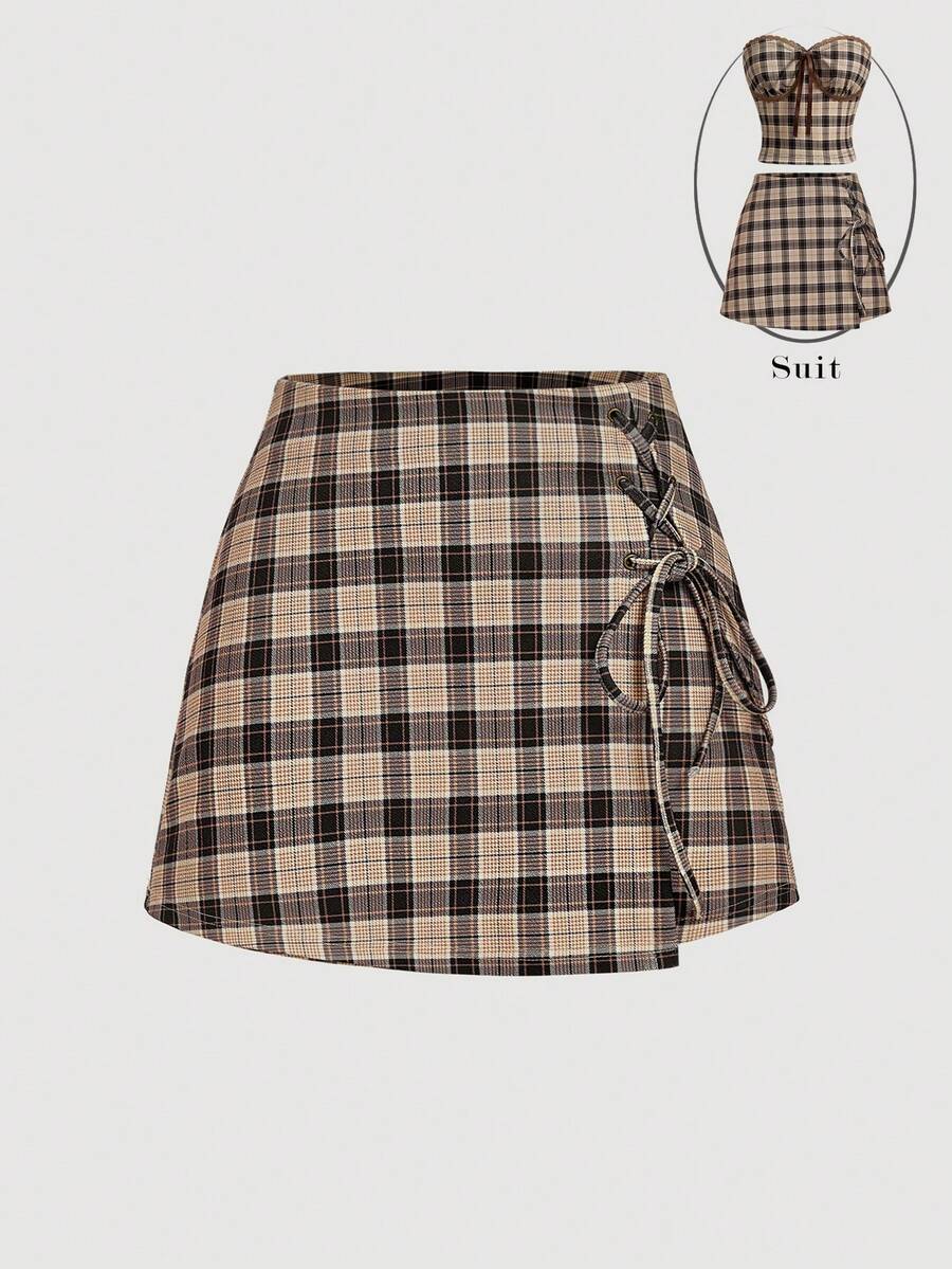 SHEIN MOD 女式休闲索环系带格子短裙 - 彩色 - 查看 1