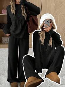 SHEIN Teen Girls Solid Color Round Neck Long Sleeve Sweater Top And Pants 2 Piece Casual Set, Winter Outfit,/Spring/Autumn/Christmas,Holiday/Famliy Day/Happy New Year,Spring/Autumn/Christmas,Holiday/Famliy Day/Happy New Year - Black - View 5