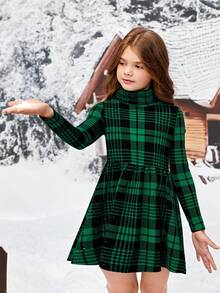 SHEIN 少女格子领长袖圣诞连衣裙 - 綠色 - 查看 4