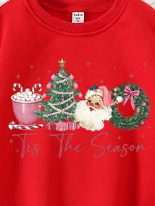 SHEIN Áo nỉ cổ tròn in hình ông già Noel, cây thông Noel, vòng hoa và kẹo gậy Giáng sinh dễ thương, sáng tạo, thích hợp cho các bữa tiệc Giáng sinh. - Đỏ - Xem 4