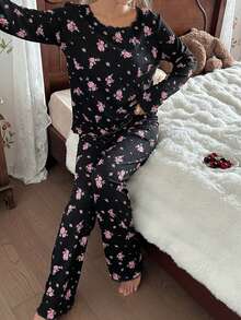 CottageSlumber 女士可爱碎花罗纹边长袖上衣和裤子浪漫碎花睡衣套装，秋冬服装 - 黑色 - 查看 4