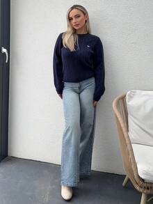 Jeta Ari 女士纯色圆领刺绣长袖毛衣，休闲日常装，长袖上衣，秋装 - 藏蓝色 - 查看 4