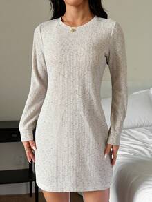 SHEIN PETITE Women's Casual Ribbed Long Sleeve Short Dress, Basic For Autumn/Winter Daily Wear - Apricot - View 10