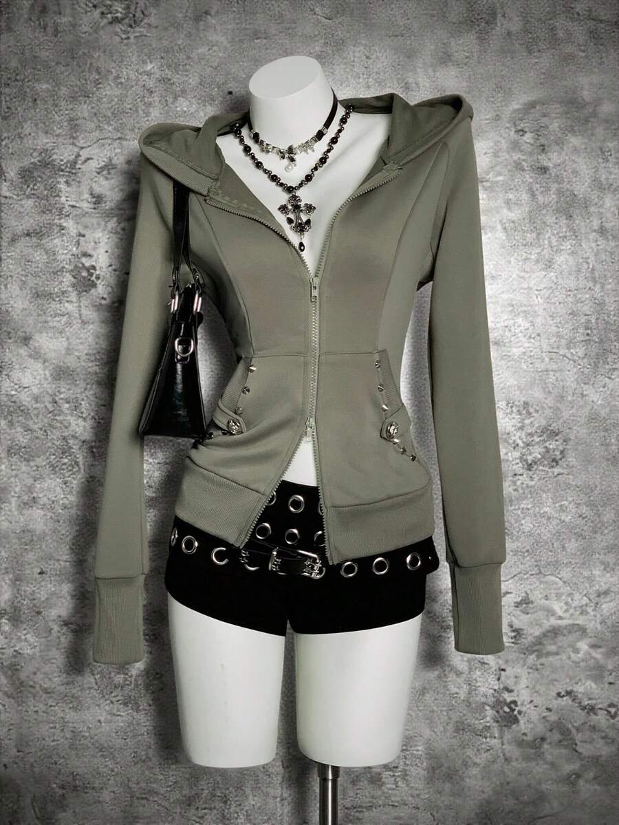 StreetHx Jaqueta com capuz e tachas feminina Streetwear Slim Fit, outono