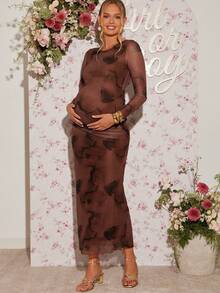 Loomaby Pregnant Women's Tie-Dye Print Round Neck Long Sleeve Ruched Fitted Elegant Dress Brown Maternity Dress Pregnant Dress Long Brown Dress Pregnancy Photoshoot Dress Brown Elegant Dress Women  Dress Gender Reveal Dress Maternity Dress Baby Shower Dress Maternity Long Dress - Brown - View 6