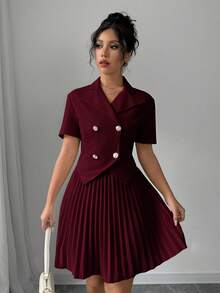 SHEIN PETITE Women's Double-Breasted Waist Fitted Blazer With A-Line Pleated Mini Skirt, Elegant & Romantic Business Suit Set