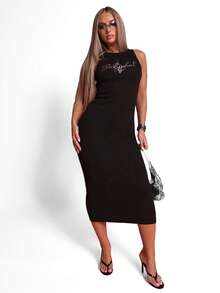 BABYPHAT 夏季时尚字母印花无袖紧身连衣裙 - 黑色 - 查看 2