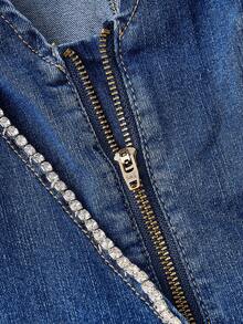 SHEIN Clasi Fashionable Casual Elegant Diamond Strap V-Neck Denim Jumpsuit With Wide Leg - Medium Wash - View 4