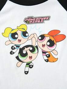 THE POWERPUFF GIRLS X SHEIN 女士休闲花朵、泡泡、毛茛图案撞色插肩袖T恤，秋季 - 黑與白 - 查看 4