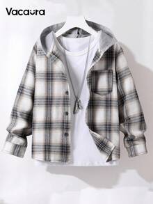 SHEIN Tween Boy Plaid Long Sleeve Single-Breasted Pocket Hooded Shirt, Autumn