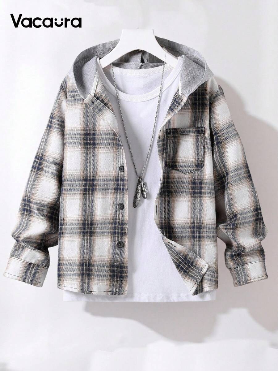 SHEIN Tween Boy Plaid Long Sleeve Single-Breasted Pocket Hooded Shirt, Autumn