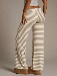 Aloruh Women's Apricot Striped Low-Waist Pants, Autumn/Winter - Apricot - View 2