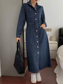 DAZY Simple Style Button Decor Lapel Long Sleeve Denim Dress