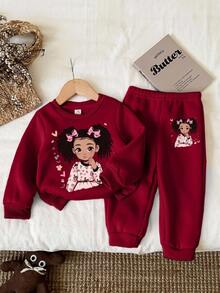 Baby Girl Knitted Soft Pullover Sweatshirt & Sweatpants Set, Thick & Casual, Suitable For Autumn/Winter, Burgundy - Burgundy - View 5