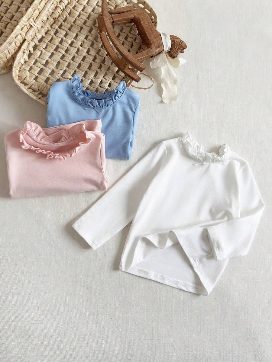 SHEIN 3pcs Baby Girls Cute Bow Ruffle Hem Candy Color Long Sleeve Top Set - Multicolor - View 1