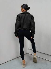 SAYEHFBABY Zip Up PU Leather Moto Jacket Fall Winter Cloth For Women