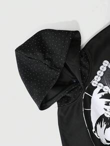 ROMWE MEN Street Life Men's Hooded Sweatshirt, Jesus, Virgin Mary, Cross, English Text Print, Rhinestone Patchwork, Autumn/Winter - Black - View 8