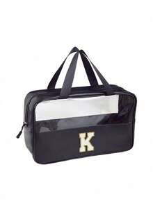 1PC Transparent Letter Toiletry Bag,Fashionable New Square Solid Color Makeup Bag With Embroidery Letters Summer Travel, Vacation Home Bathroom Decor Holiday Makeup Organizer Bathroom Accessories Back To School - Black - View 33
