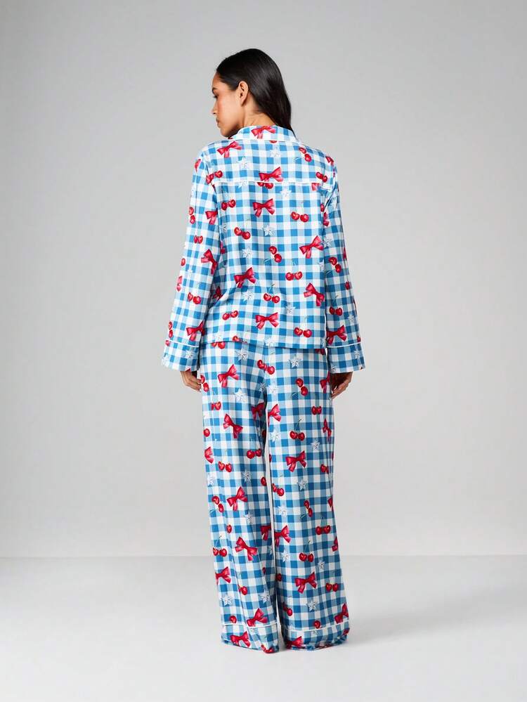 MISSGUIDED Cherry Bow Gingham Pajama Set With Eye Mask Holiday Sleepwear Christmas Winter Loungewear