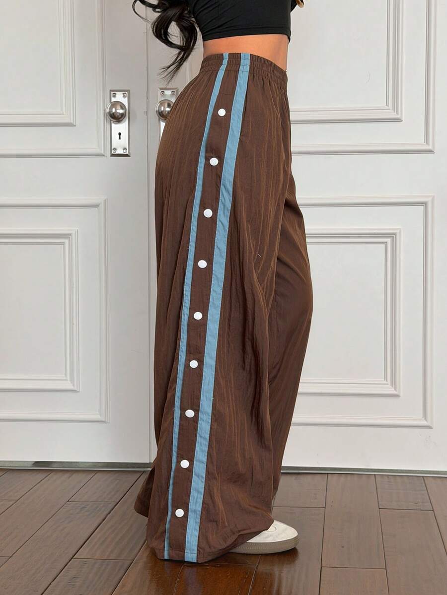 SHEIN PETITE 女士弹力腰侧条纹阔腿宽松休闲裤棕色裤子女士阔腿裤按扣裤运动裤棕色运动裤 - 棕色 - 查看 1