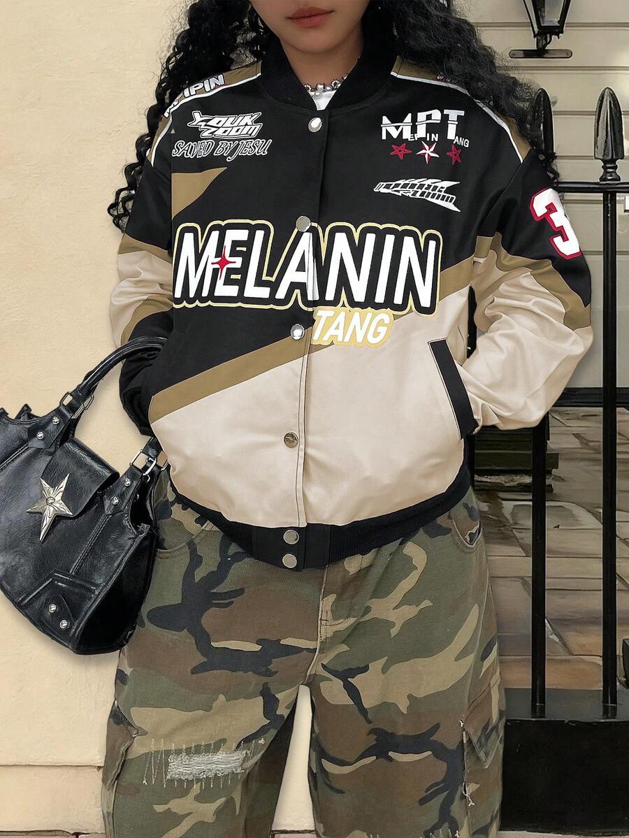 Rovax Contrast Color Patchwork Letter Print Loose Drop Shoulder Baseball Jacket - Multicolor - View 1