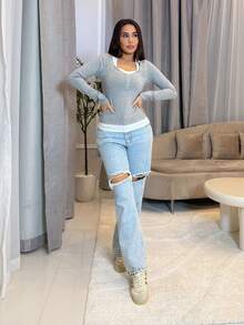 Milla Jasmine تي شيرت بأكمام طويلة بألوان متعددة على الطراز الأمريكي العتيق، لباس علوي كاجوال بقصّة مناسب الأهيف، خريف