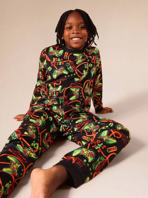 SUMWON Gaming Controller Long Sleeve Pajama Set For Boys With Video Game Print